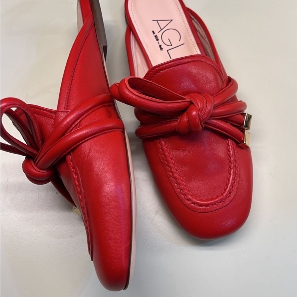 AGL Red Leather Knot Mule Flats | Italian Designer Slip On Shoes | NWT holiday - Picture 5 of 6